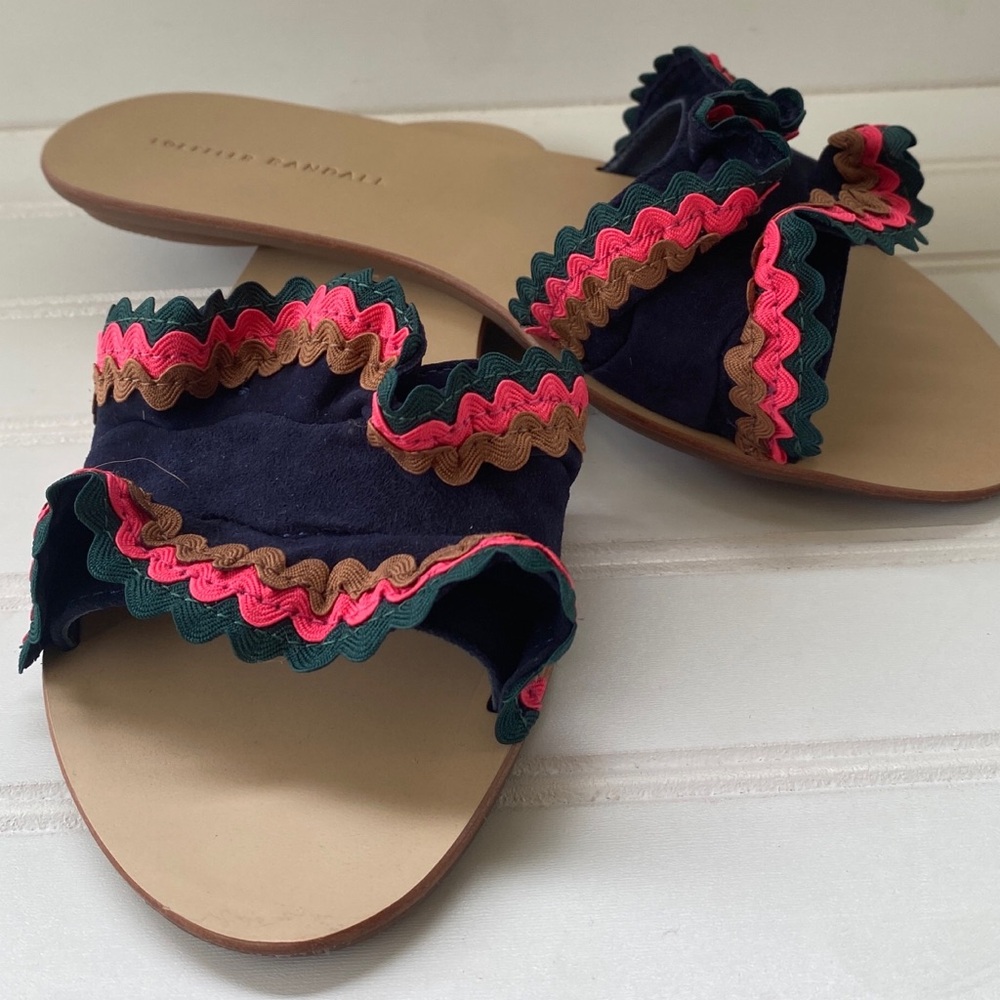 Loeffler Randall Navy Suede Slip-On Sandals with Pink, Brown & Green Trim